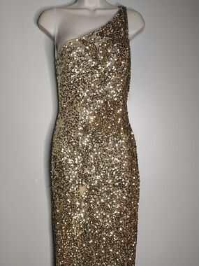 Primavera Gold Sequin Gown One Shoulder High Slit Formal Dress Women's Size 2